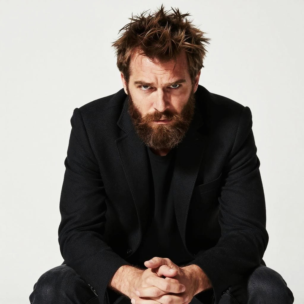 Bearded Man in Black Blazer with Intense Gaze Sitting