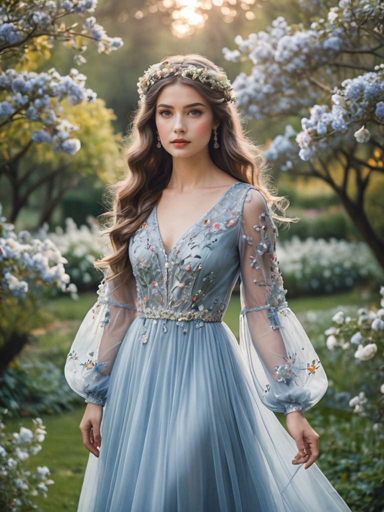 Young Woman in Light Blue Gown in Blooming Garden