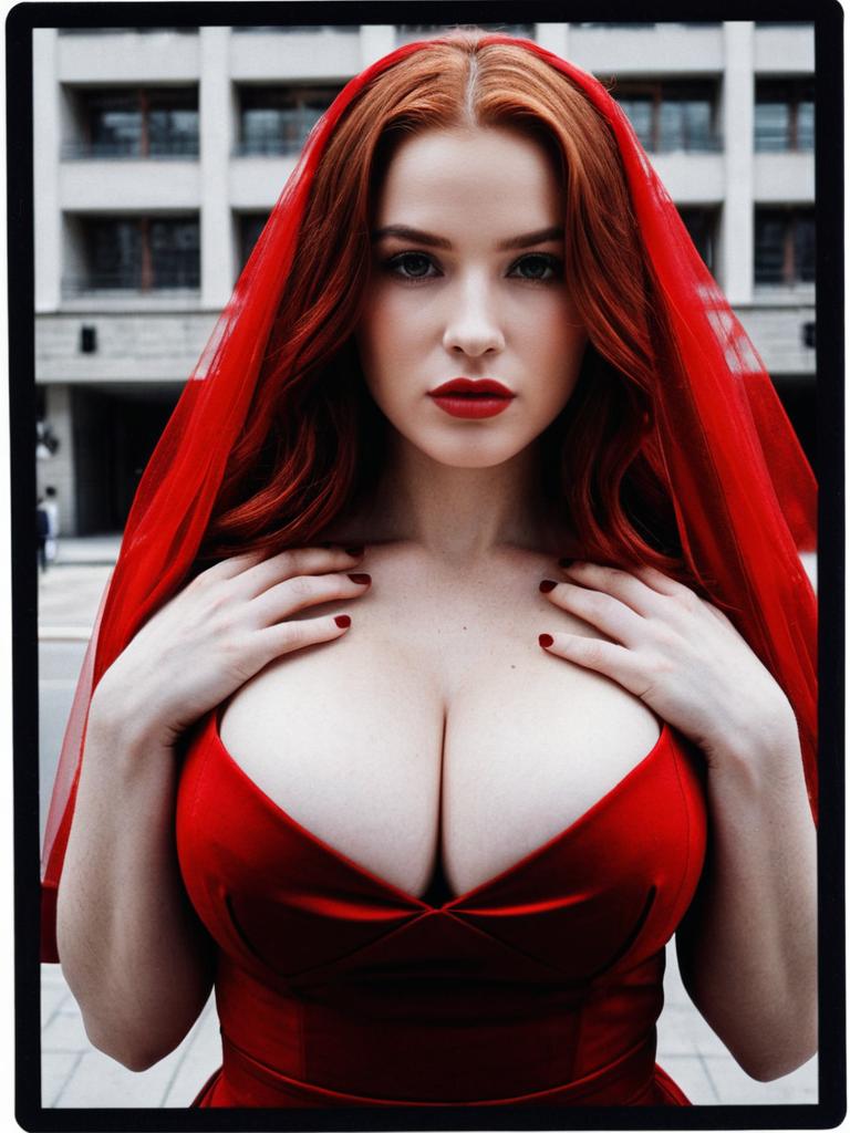 Portrait of Woman in Red Dress with Red Hair and Veil Urban Background