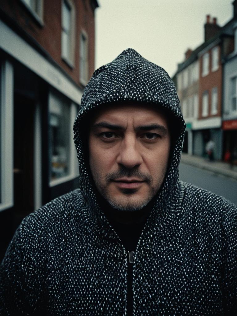 Intense Man in Textured Hooded Jersey on City Street