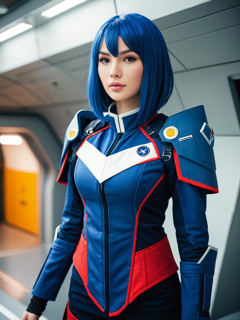 Futuristic Female Cosplay in Sci-Fi Military Uniform with Blue Hair