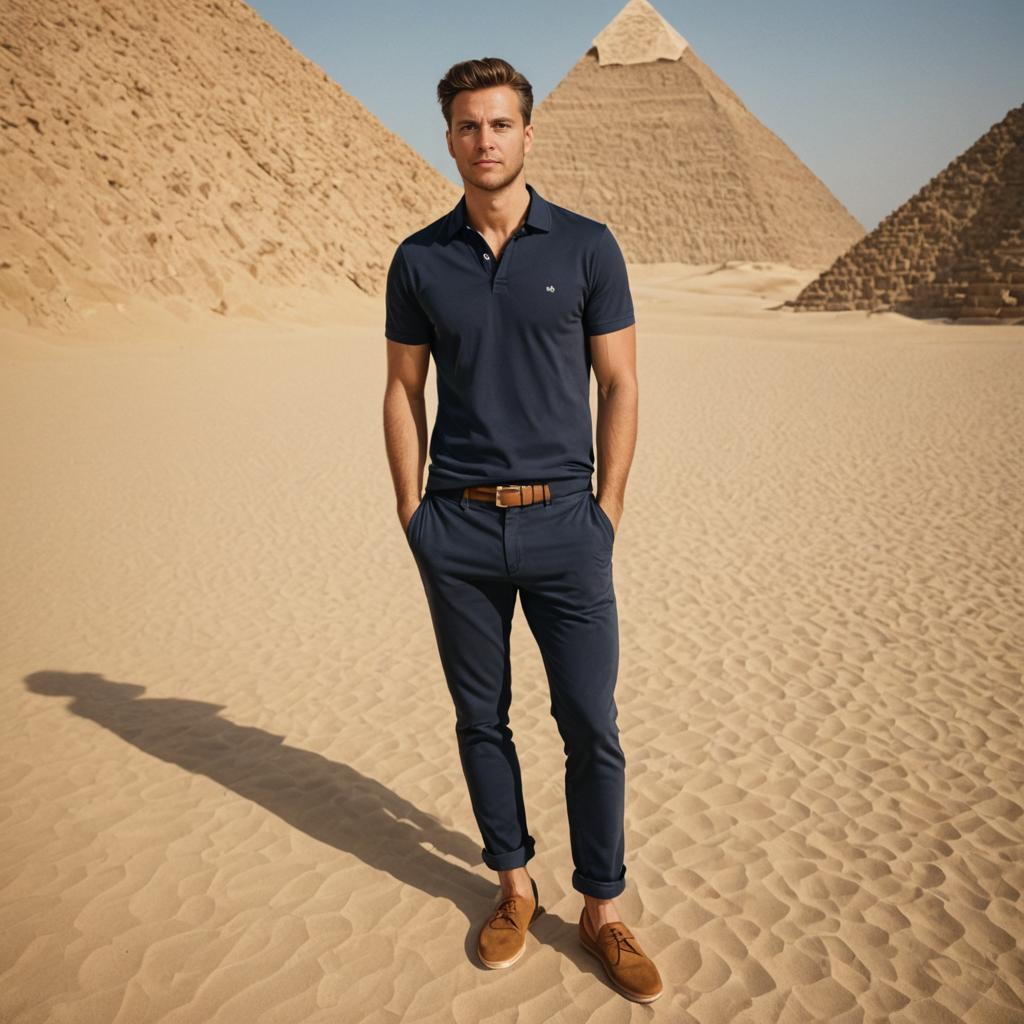 Confident Man in Smart-Casual Attire at Egyptian Pyramids