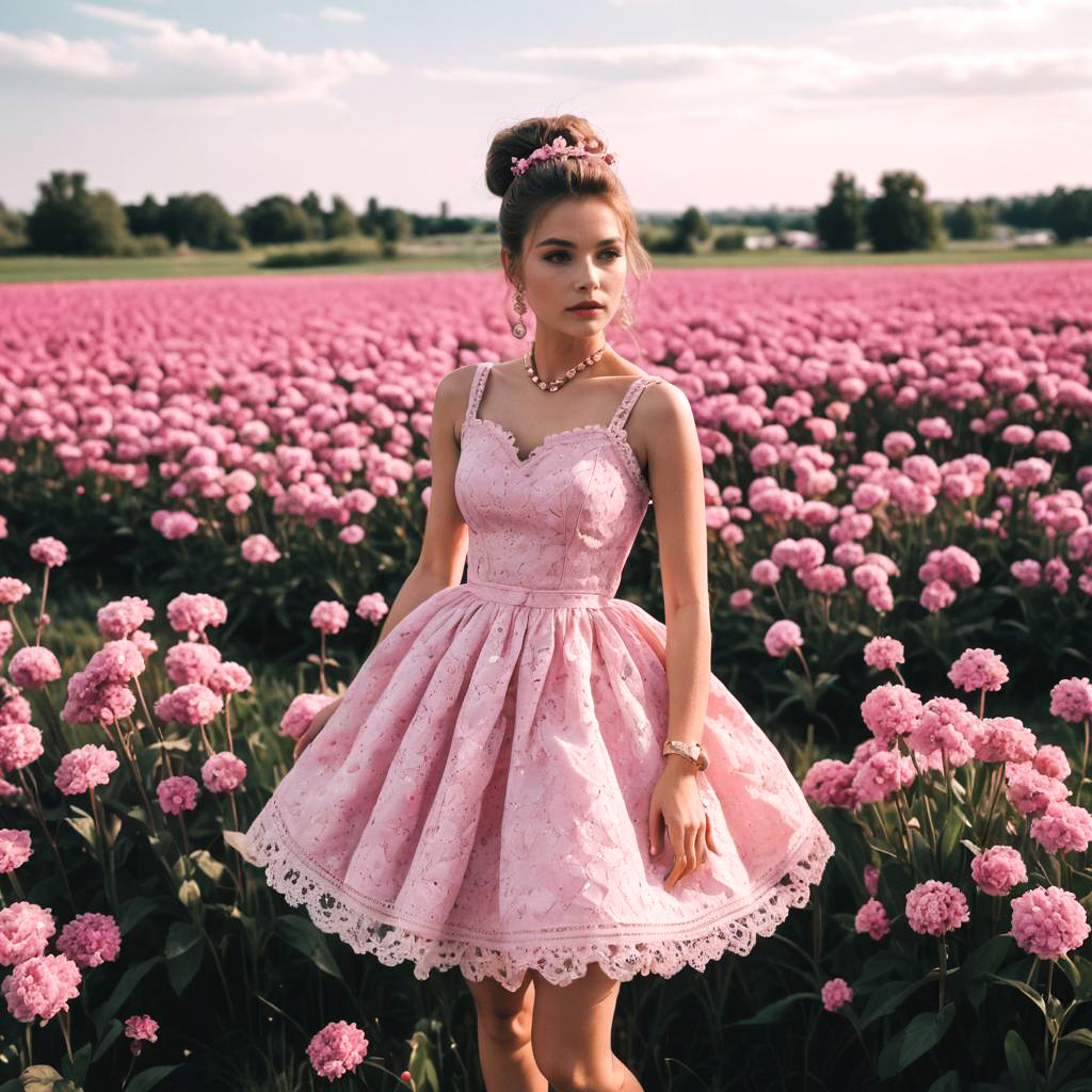 Elegant Woman in Pink Dress in Floral Field