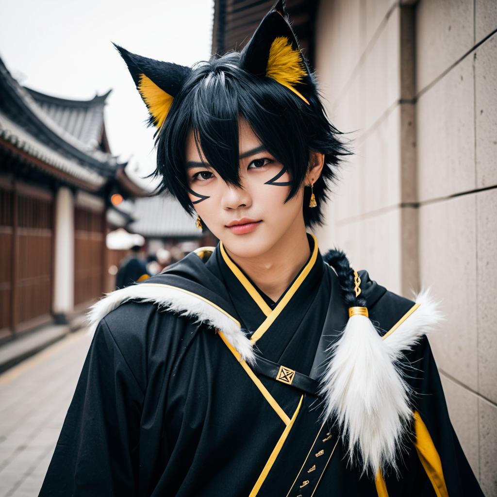Realistic Arknights Cosplay of Young Man with Black and Yellow Wolf Ears