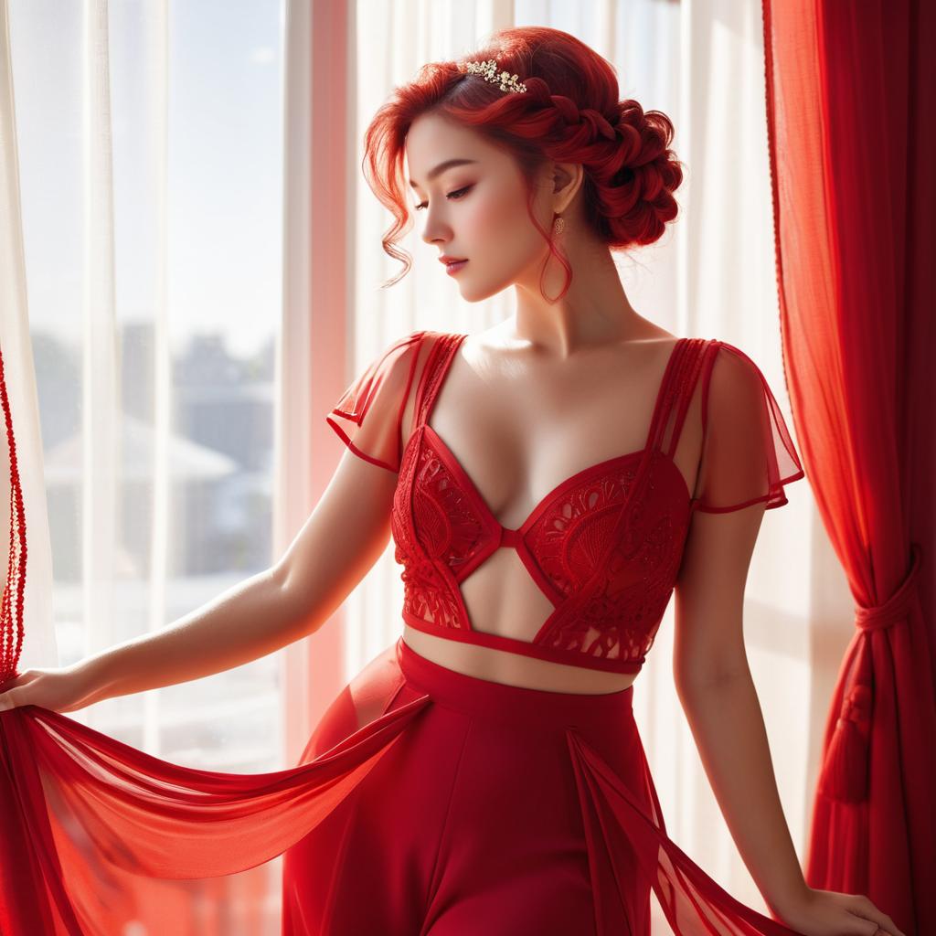 Elegant Woman in Red Outfit by Window