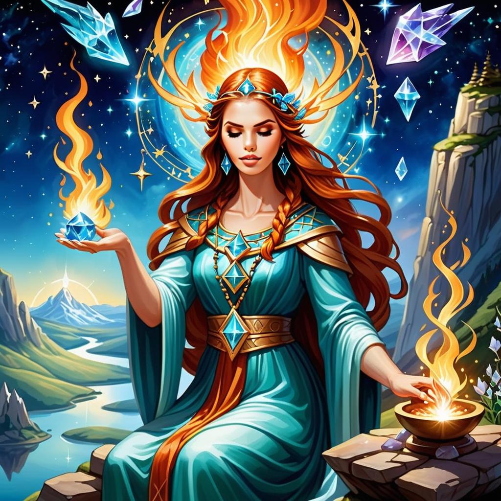 Mystical Woman Meditating with Flames and Crystals