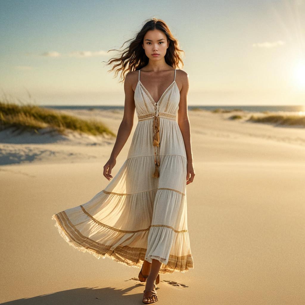 Young Woman in Bohemian Dress on Serene Beach at Sunset