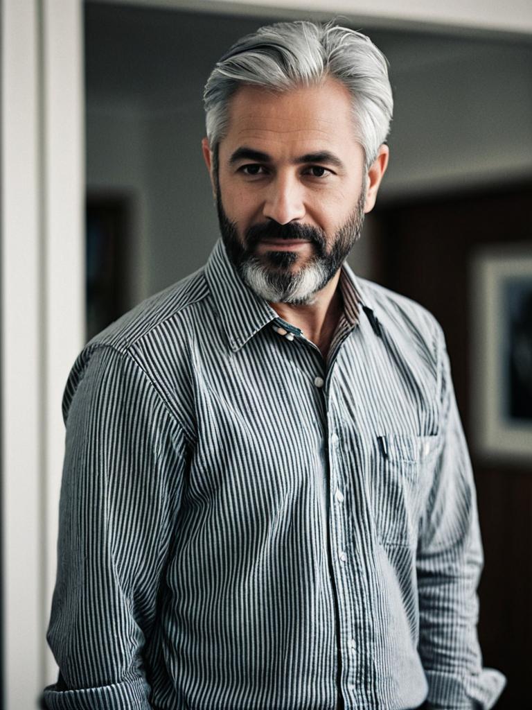 Confident Middle-Aged Man with Salt-and-Pepper Hair in Striped Shirt