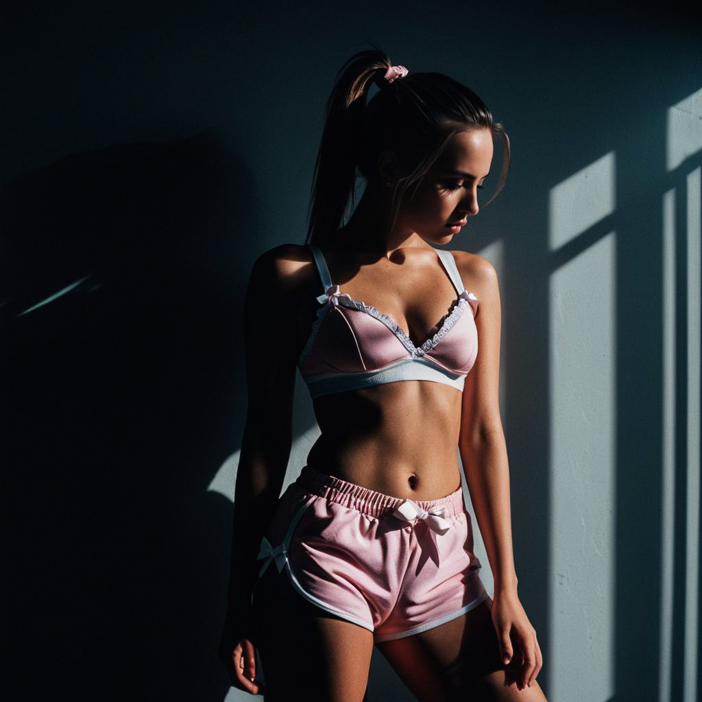 Young Woman in Pink Loungewear with Dramatic Shadows Young Woman in Pink Loungewear with Dramatic Shadows
