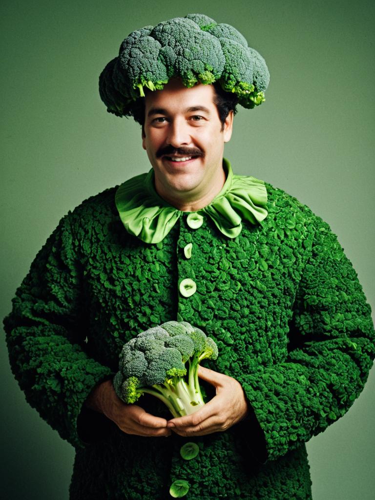 Man in Broccoli Costume Holding Fresh Broccoli Floret Studio Portrait