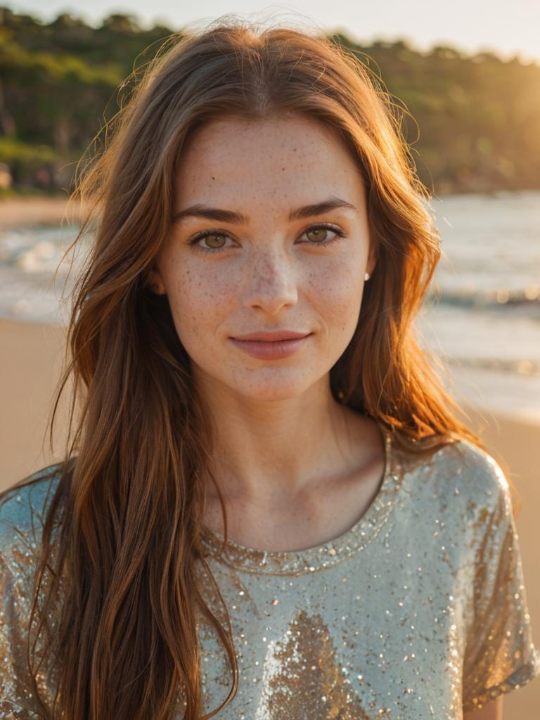 Artistic portrait of a young woman with bronze-brown hair and green eyes