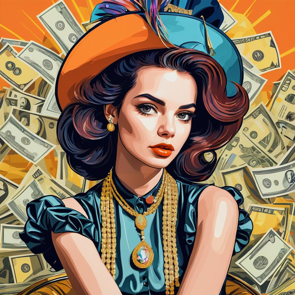 Glamorous Woman with Vibrant Accessories and Money Backdrop