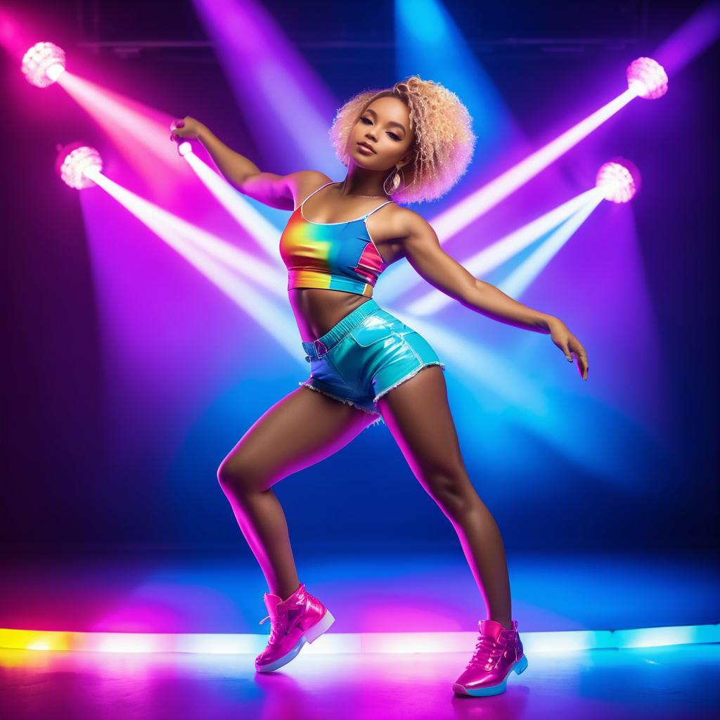 Energetic Young Woman on Stage in Colorful Outfit