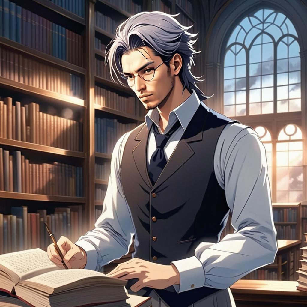 Young Man with Silver Hair Writing in Library