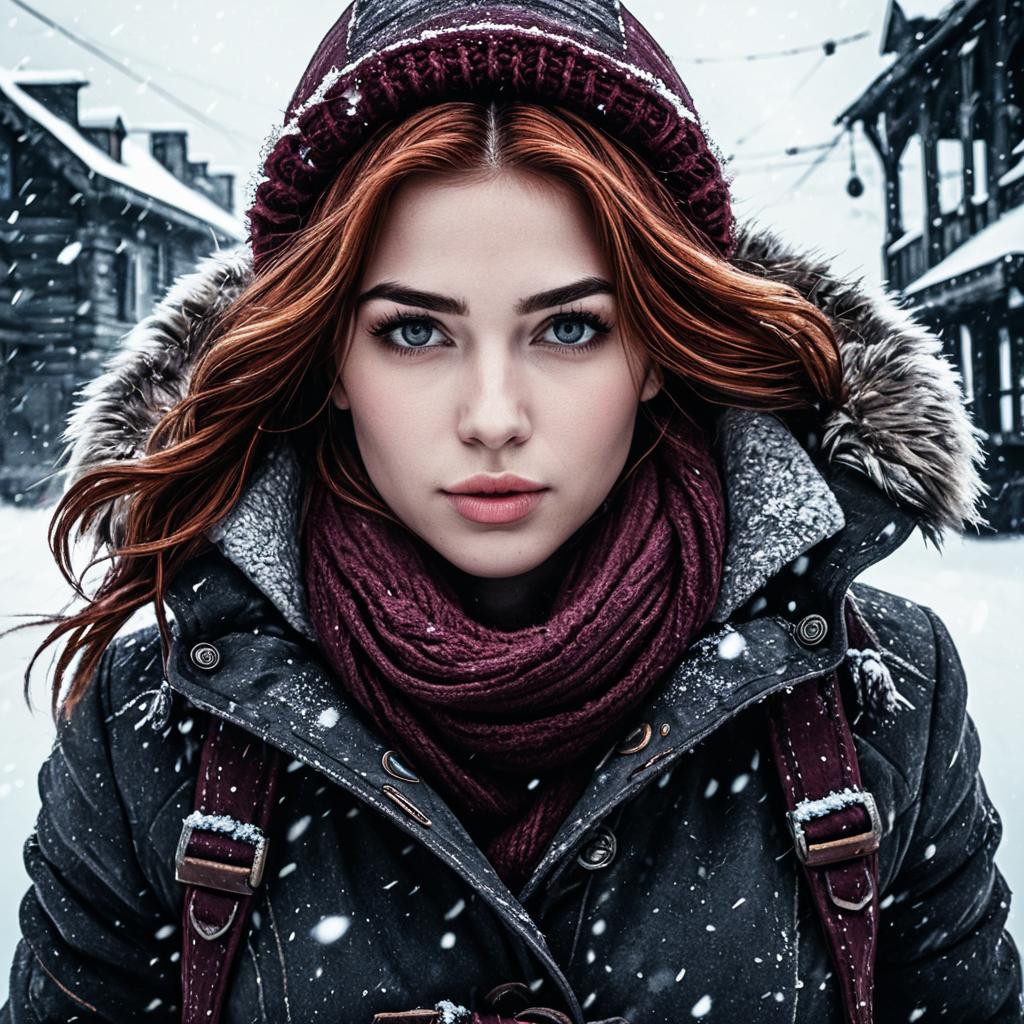 Portrait of Woman in Winter Coat and Maroon Scarf in Snowy Village