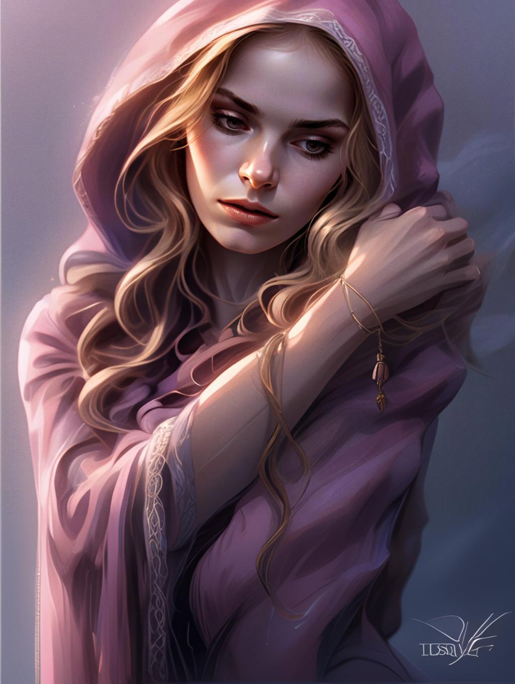 Digital Portrait of Woman in Purple Hooded Cloak Artistic Fantasy Style