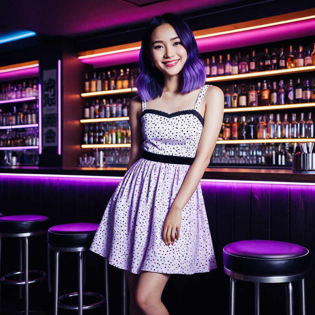Young Asian Woman with Purple Hair at Neon Bar