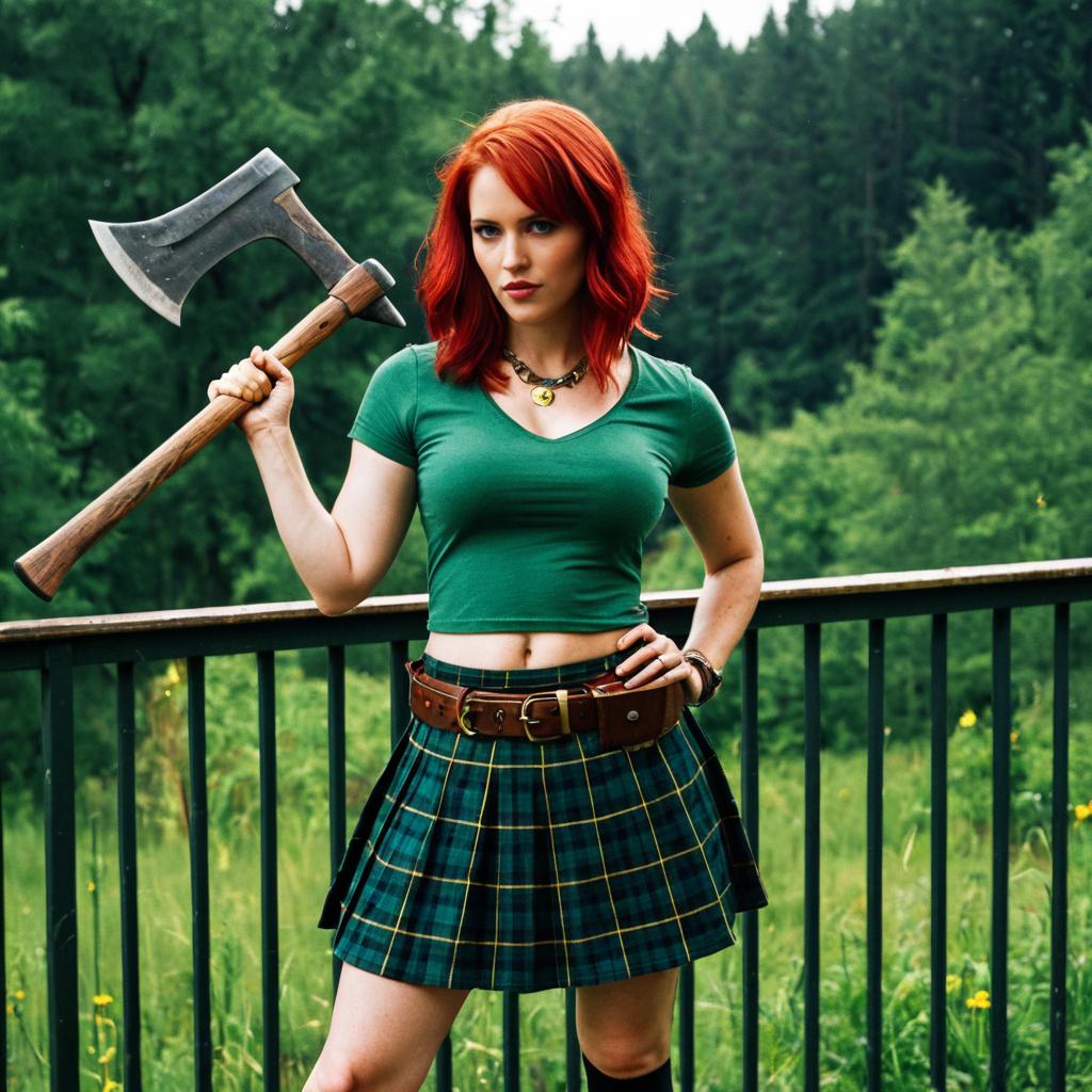 Confident Red-Haired Woman with Axe in Forest
