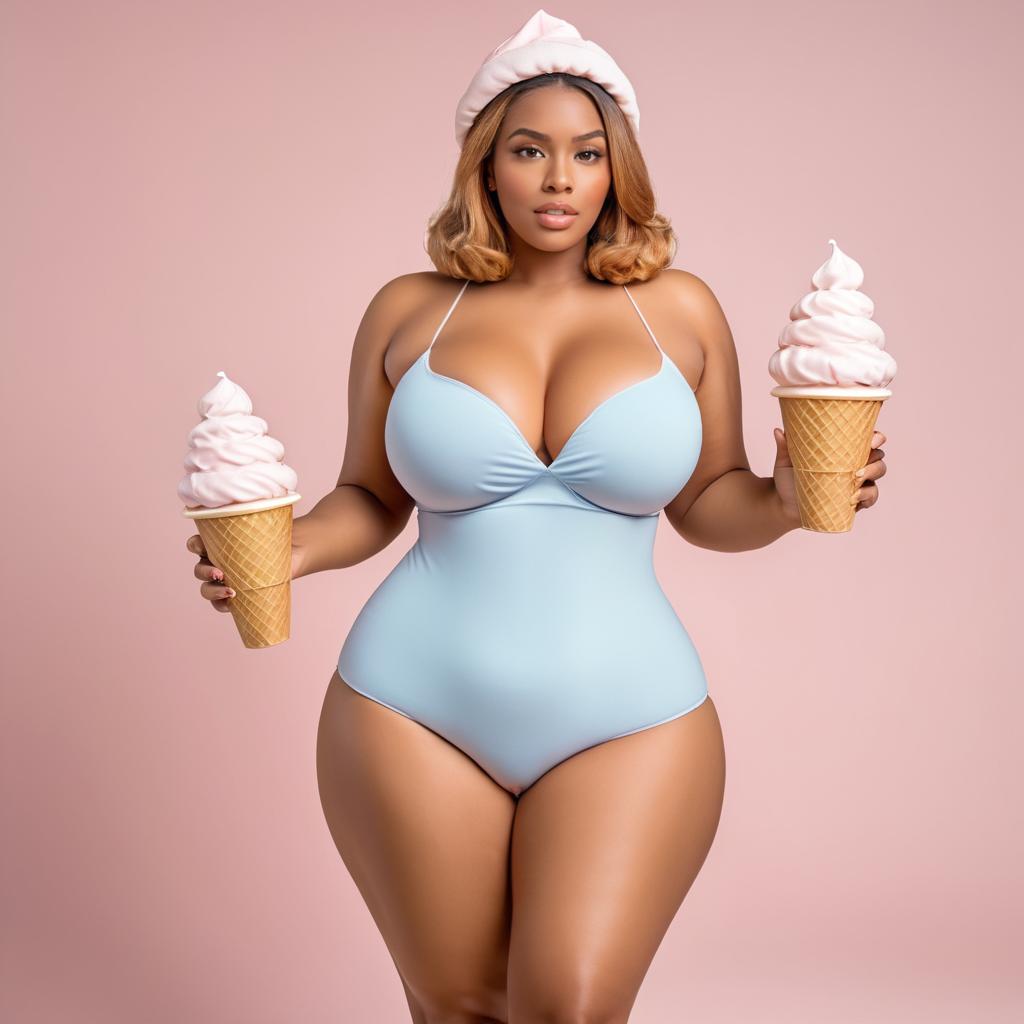 Confident Woman in Blue Swimsuit with Ice Cream