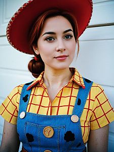 Woman in Colorful Western-Inspired Costume with Red Hat and Denim Overalls