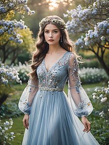 Young Woman in Light Blue Gown in Blooming Garden