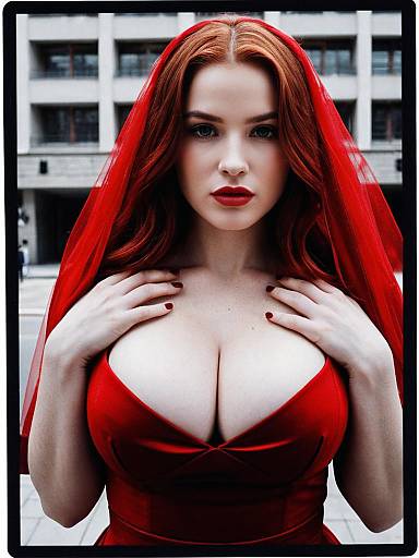 Portrait of Woman in Red Dress with Red Hair and Veil Urban Background