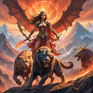 Fierce Warrior Woman with Fiery Wings and Flames