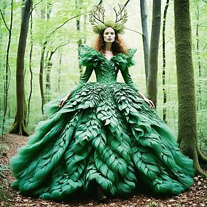 Stunning Woman in Fantasy Forest with Green Gown