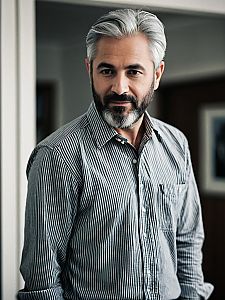 Confident Middle-Aged Man with Salt-and-Pepper Hair in Striped Shirt
