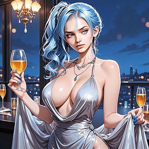 Glamorous Woman with Blue Hair in Silver Gown at Night Gathering