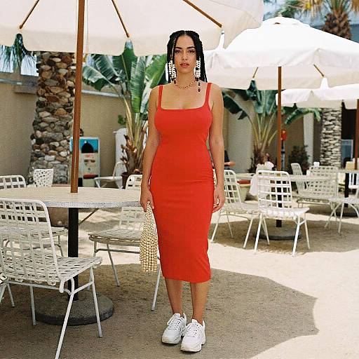 Willowy Woman in Fitted Red Midi Tank Dress with Square Neckline