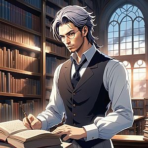 Young Man with Silver Hair Writing in Library
