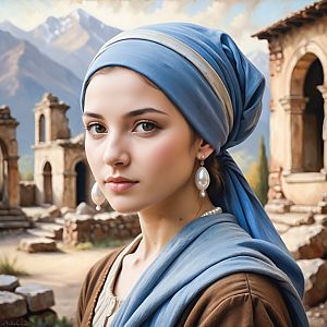 Young Woman in Blue Headscarf Against Ancient Ruins