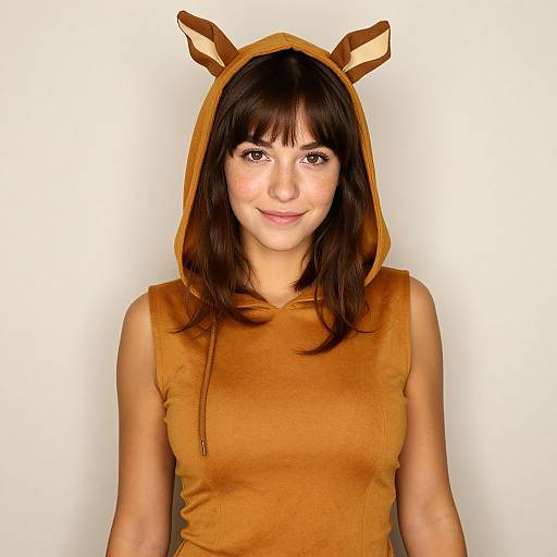 Young Woman Wearing Brown Animal-Eared Hoodie on Beige Background