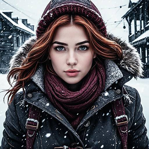 Portrait of Woman in Winter Coat and Maroon Scarf in Snowy Village