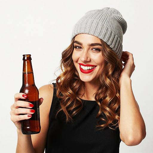 Young Woman in Beanie Holding Beer Bottle with Red Lipstick