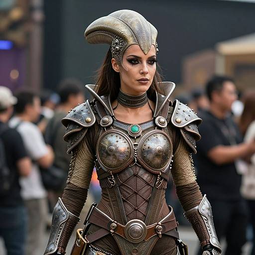 Fantasy Warrior Woman in Intricate Metallic Armor Costume