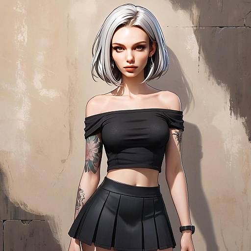 Stylish Woman with Silver Hair and Tattoos in Black Crop Top and Skirt Digital Art