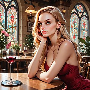 Glamorous Woman in Red Dress with Wine
