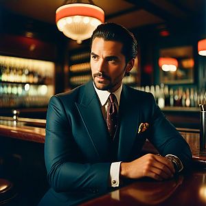 Confident Man in Tailored Suit at Vintage Bar