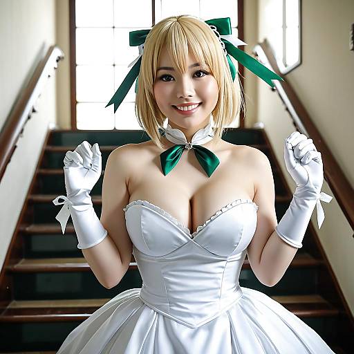 Woman in White Gown with Green Ribbon Bow Cosplay on Staircase