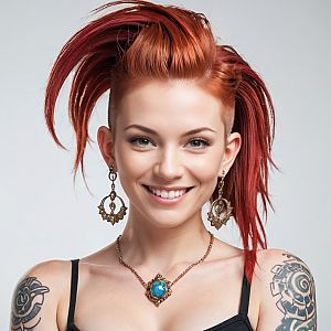 Smiling woman with red mohawk and tattoos