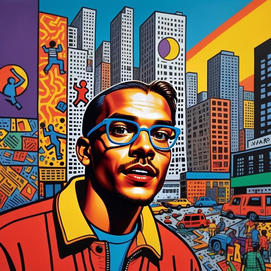 Stylized Man in Glasses and Red Jacket in Cityscape
