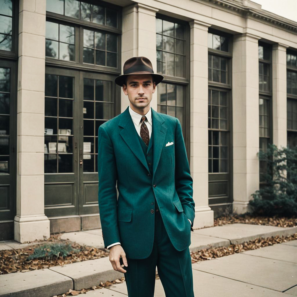 Man in Teal Suit with Fedora at Historical Building