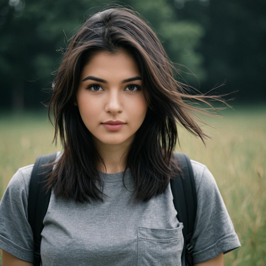 Realistic Portrait of Young Woman Outdoors with Backpack