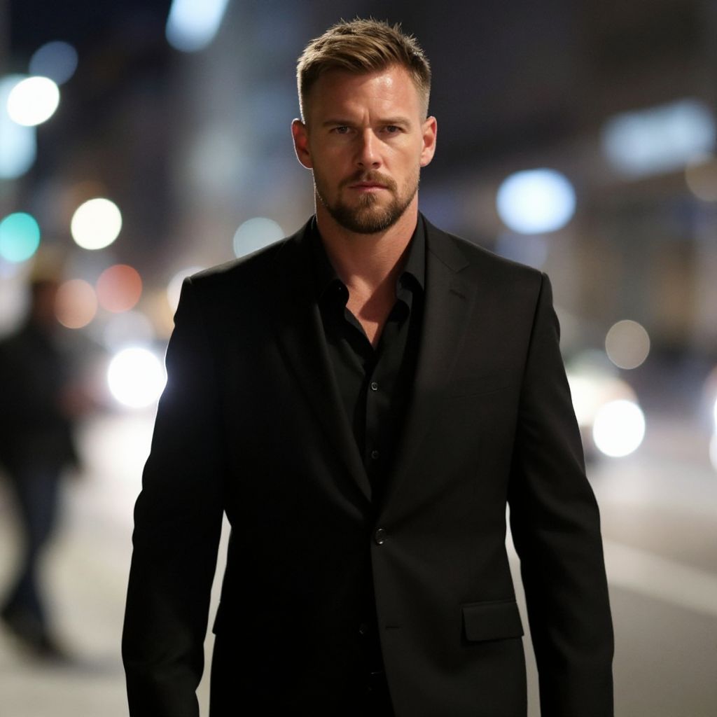 Confident Man in Black Suit Standing in Urban Night Scene
