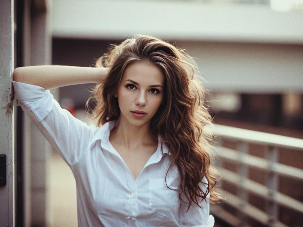 Portrait of Young Woman with Wavy Hair in White Shirt Outdoors