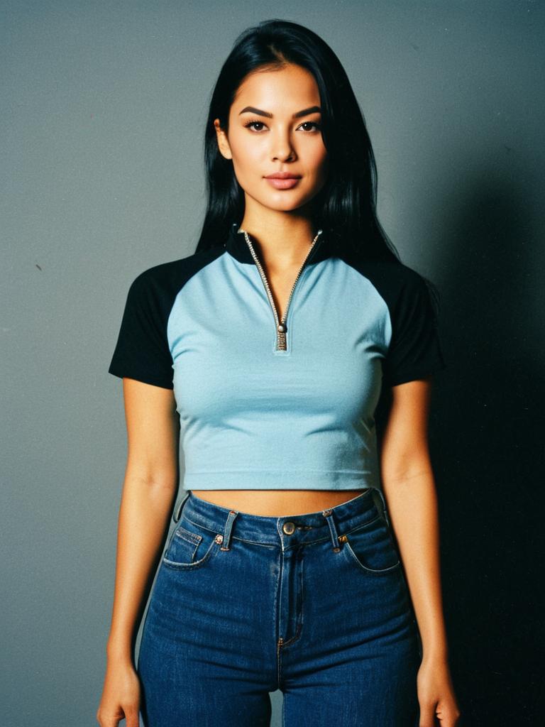 Woman Wearing Casual Sporty Light Blue Fitted T-shirt with Black Raglan Sleeves