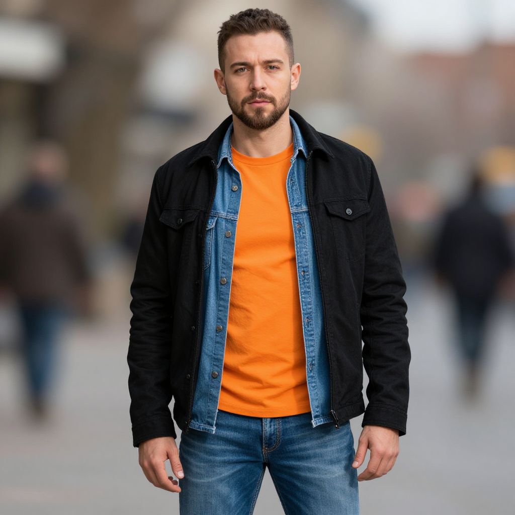 Confident Young Man in Orange T-Shirt and Denim Jacket Outdoors