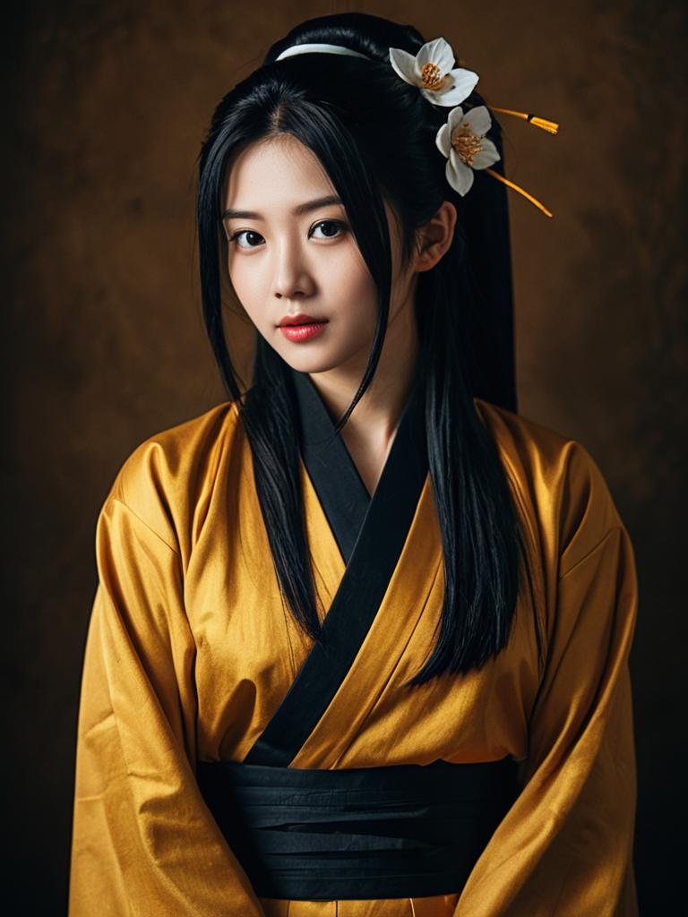 Realistic Kikyo Cosplay Woman in Traditional Golden Kimono